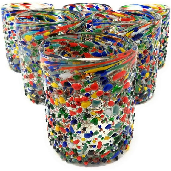 Hand Blown Mexican Drinking Glasses - Set of 6 Confetti Rock Tumbler Glasses (10 oz each)