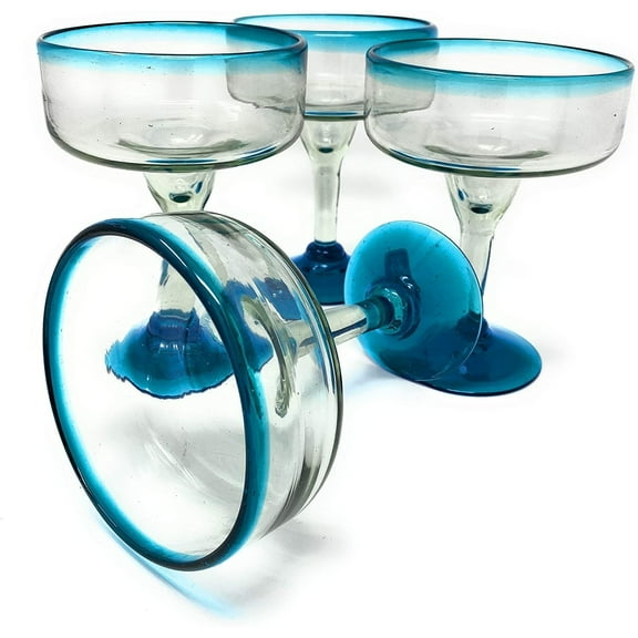 Hand Blown Margarita Glasses Set of 4 Aqua Rim Margarita Glasses 16 oz.
