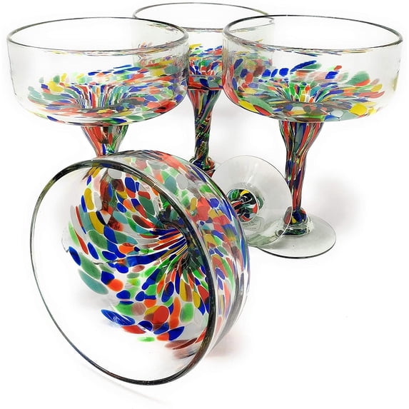 Mexican Hand Blown Glass – Set of 4 Hand Blown Margarita Glasses Confetti Carmen (16 oz)