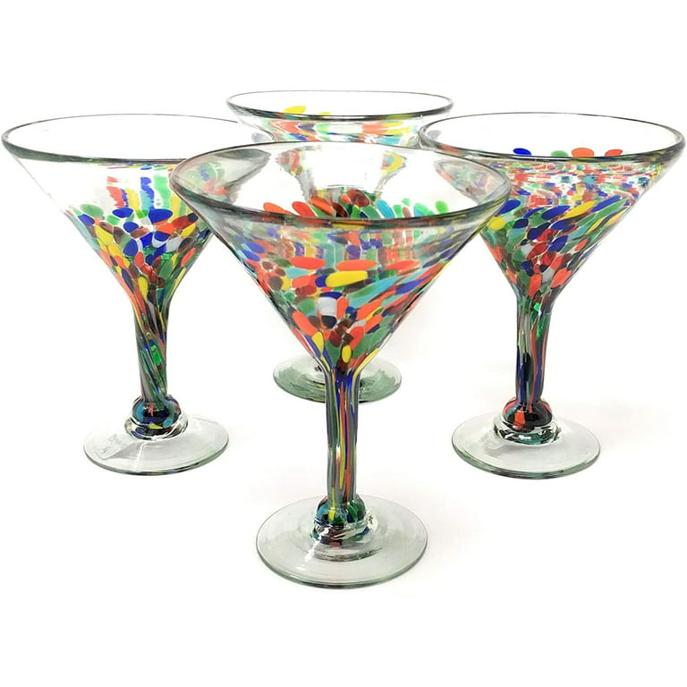 Dos Sueños Dos Suenos Mexican Hand Blown Glass - Set of 4 Hand Blown Modern Margarita  Glasses - Confetti Carmen (12 oz) 