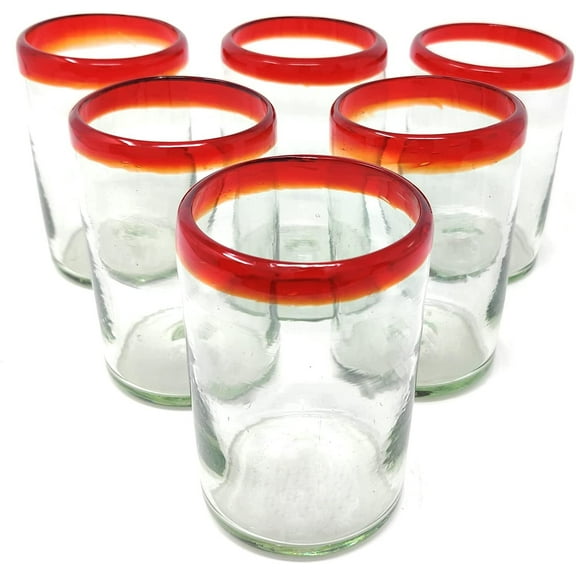 Dos Sueos Hand Blown Mexican Drinking Glasses - Set of 6 Red Rim Drinking Glasses (14 oz each)