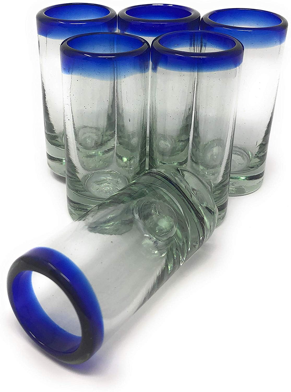 Hand Blown Mexican Tequila Shot Glasses with Blue Rim - Set of 6