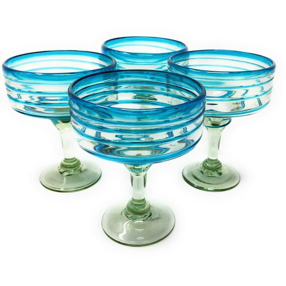 Dos Suenos Mexican Hand Blown Glass Set of 4 Hand Blown Margarita Glasses with Aqua Spiral Design