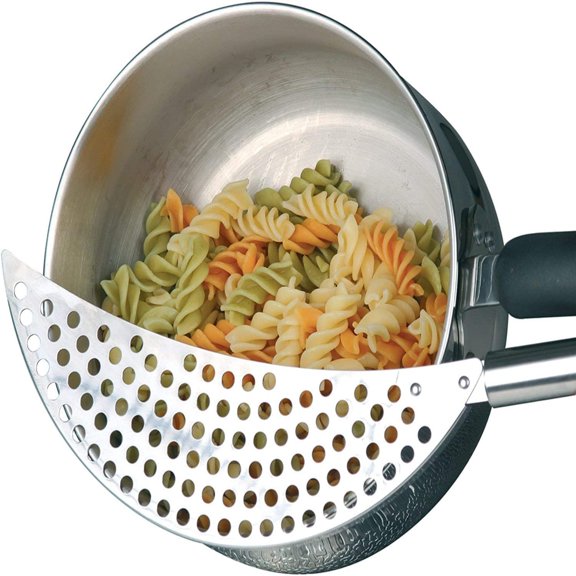 Dosaele 14.37*2.6*0.63Inch Crescent Pot Strainer Stainless Steel Grease Pasta Strainer Insert Drainer with Handheld for Different Pot Pan Kitchen Tool -Silver