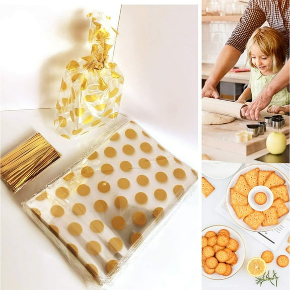 Dosaele 200 Pack Gold Polka Dot Candy Cookie Bags , 5.1*8.3 inch Clear Plastic Bags for Cookies Candy Snack Wrapping Wedding Gift Party Favor,Valentine'day(Clear&Gold)