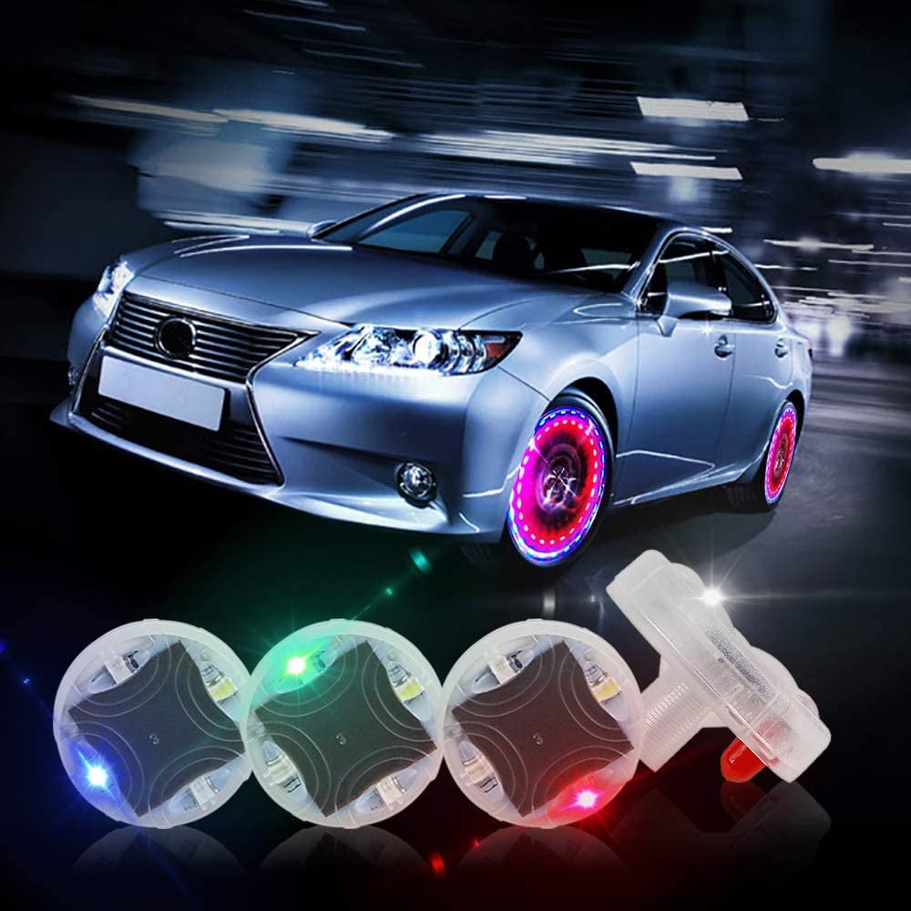 Dosaele 4 PCS Car Wheel Tire Light, Solar Energy Motion Sensors Flashing Colorful Gas Nozzle LED Tire Schrader Valve Cap Lights Lamp Bulb Waterproof for Car Auto Motorcycles Bicycles