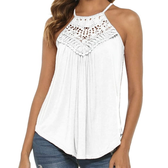 Dosaele Women's Casual Summer Cute Lace Halter Neck Flowy Pleated Workout Sleeveless Tank Tops T-shirts Blouses