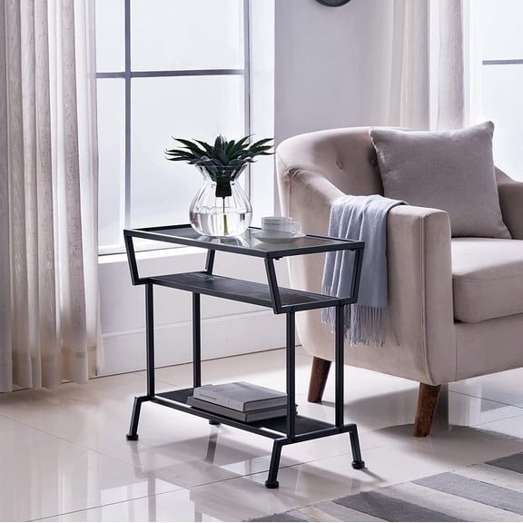 Dosamantes Side End Table with Storage Shelves, Black