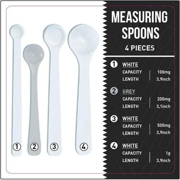 Dosing spoon | milligram measuring spoons set of 4 | exact dosing 100mg, 200mg, 500mg, 1g | mg measuring spoons for powder and liquids