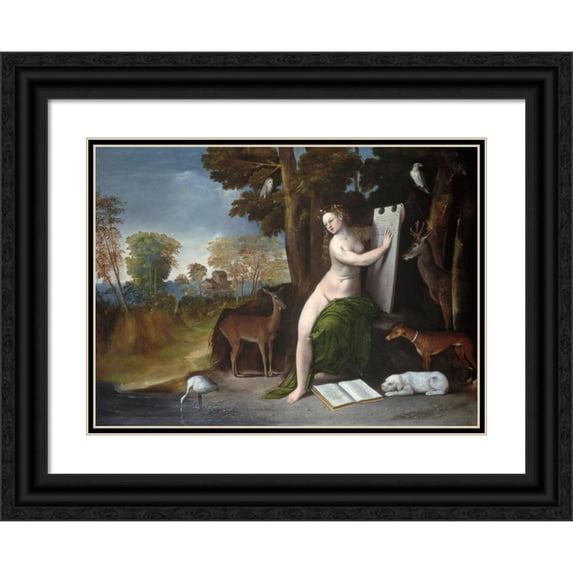 Dosso Dossi 18x14 Black Ornate Wood Framed Double Matted Museum Art Print Titled - Circe and Her Lovers in a Landscape (C. 1525)