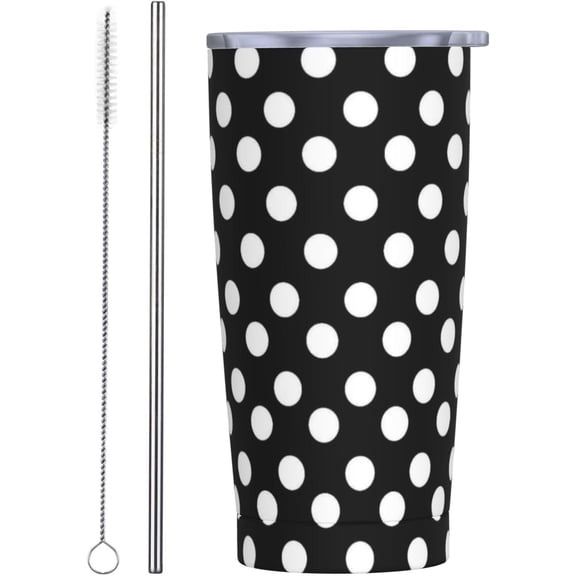 Dot 20oz Tumbler with Lid and Straw for Women Men, Black Polka Dot Insulated Mug White Point Design Circle Round Stainless Steel Tumbler Double Wall Vacuum Travel Mug Coffee Cup