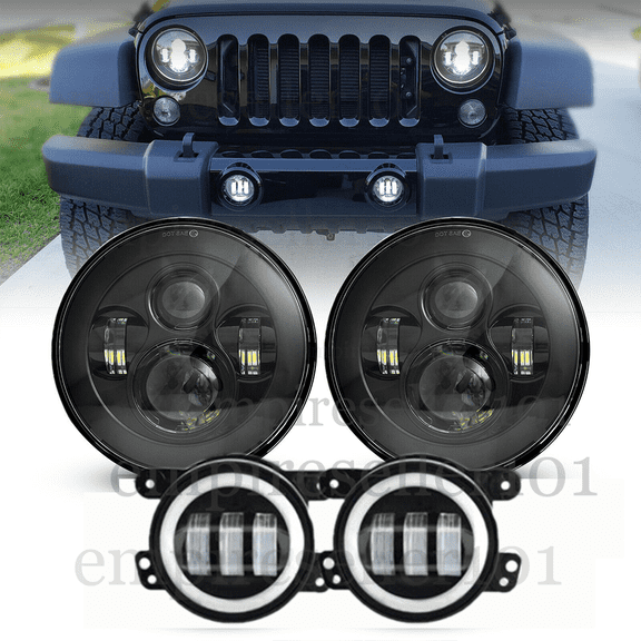 Dot 7'' Round Projector LED Headlights&4" Fog Lights Combo Kit for Jeep Wrangler