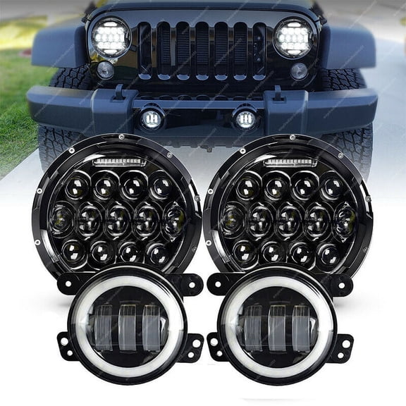 Dot 7'' Round Projector LED Headlights + 4" Fog Lights Kits for Jeep Wrangler JK
