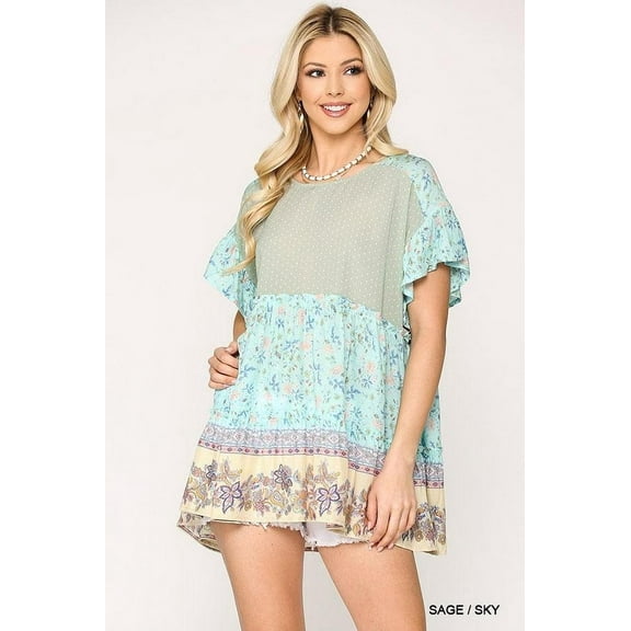 Dot And Floral Print Mixed Ruffle Top With Back Keyhole