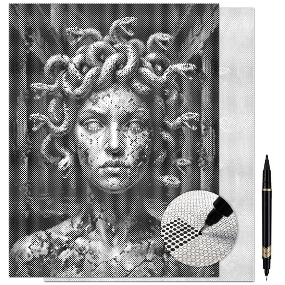 On The Dot Art Dot Painting Kit for Adults | Medusa Mythology Portrait 13x17 Canvas with Dual Tip Marker | Relaxing Gothic Art Activity Alternative to Diamond Painting | No Mess Gift