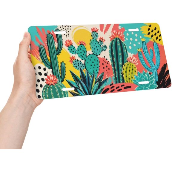 Dot Cactus Decorative License Plate with Auto Plate Cover, Aluminum Metal, 12 x 6 Inch