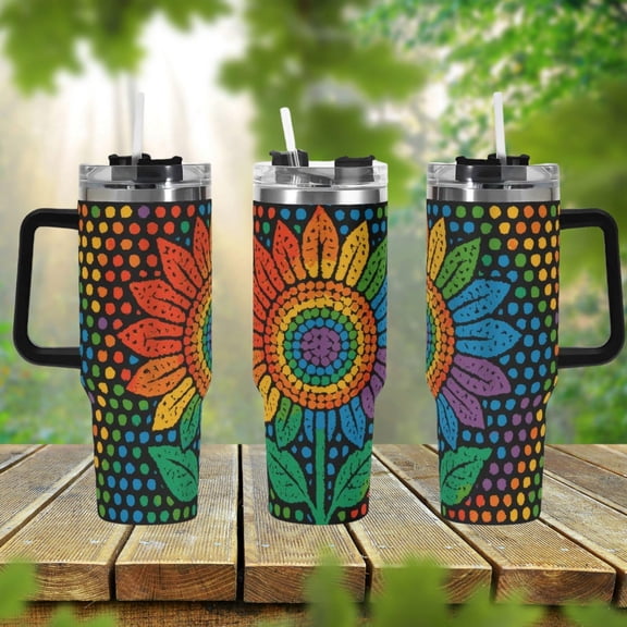 Dot Day Sunflower 40oz Stainless Steel Tumbler With Handle Lid and Straw, Aesthetic Fall Floral Drink Cup, Travel Tumbler, Fun Tumbler Gift