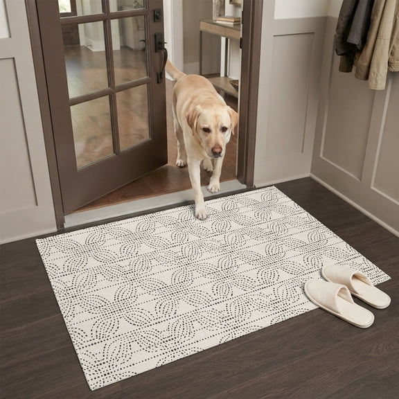 Dot Line Front Door Rugs 2x3ft Abstract Minimalist Cream Interlace Circle Grid Washable Rug, Non Slip Indoor Carpet Absorbent Floor Mat for Living Room Bedroom Dining Room
