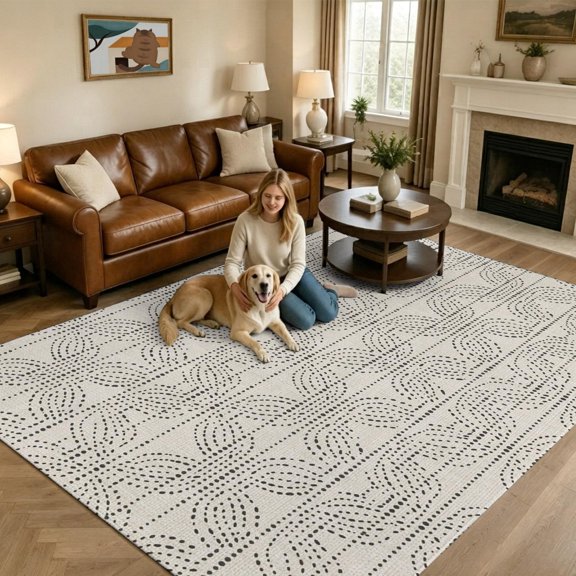 Dot Line Large Area Rugs 6x9ft Abstract Minimalist Cream Interlace Circle Grid Washable Rug, Non Slip Indoor Carpet Absorbent Floor Mat for Living Room Bedroom Dining Room