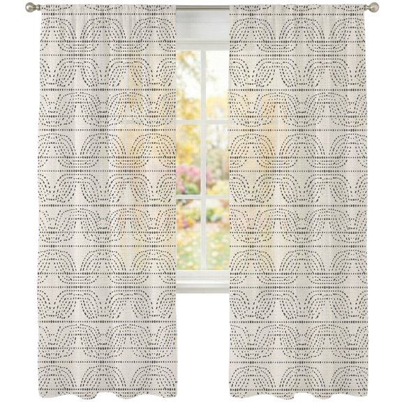 Dot Line Sheer Curtains 108 Inches Long, Abstract Minimalist Cream Interlace Circle Grid Light Filtering Sheer Window Curtains Drapes for Living Room Bedroom 2 Panels Set