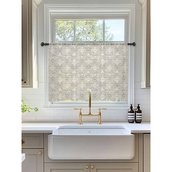 Dot Line Sheer Curtains 45 Inch Long 1 Panel Abstract Minimalist Cream Interlace Circle Grid Rod Pocket Voile Cafe Curtains Light Filtering Small Window Treatments for Kitchen Basement 52" x 45"