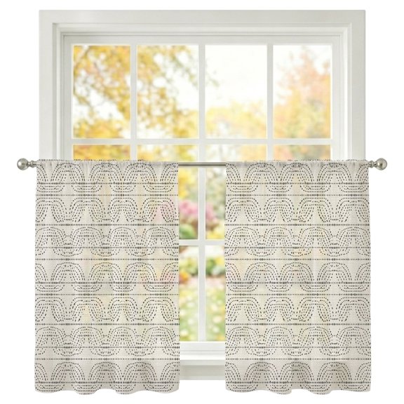 Dot Line Sheer Curtains 45 Inches Long, Abstract Minimalist Cream Interlace Circle Grid Light Filtering Sheer Window Curtains Drapes for Living Room Bedroom 2 Panels Set