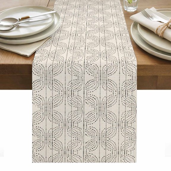 Dot Line Table Runner 13x36 Inch Abstract Minimalist Cream Interlace Circle Grid Cotton Linen Dining Table Runner Ideal for Dresser Kitchen Coffee Tables - Machine Washable