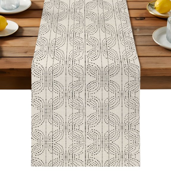 Dot Line Table Runner, Abstract Minimalist Cream Interlace Circle Grid Cotton Linen Kitchen Dining Table Runner Cloth Dresser Scarf Decoration for Party Home Decor 16x72in