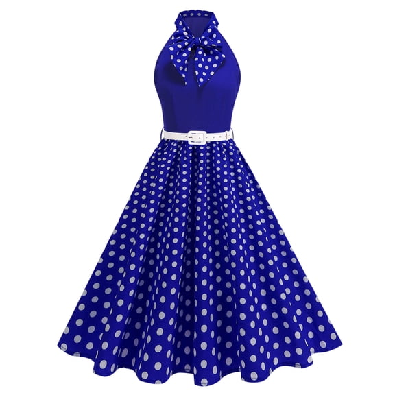 Dot Pattern Halter Dress for Women A Lined Sleeveless Belt Knee Length Vintage Skirt Navy M