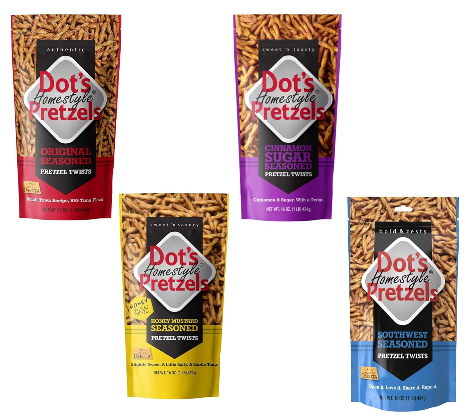 Dot Pretzel Variety Pack Pack of 4 One of Each Flavor Original, Cinnamon Sugar, Honey