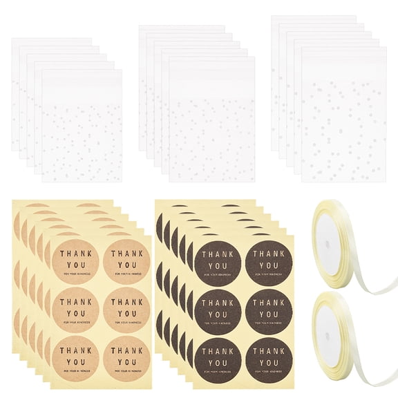 Dot Round Thank You Self-Adhesive Paper Gift Tag Stickers with Rectangle Frosted Plastic Cellophane Bags Polyester Ribbon Mixed Color 13.5x8.7x0.02cm