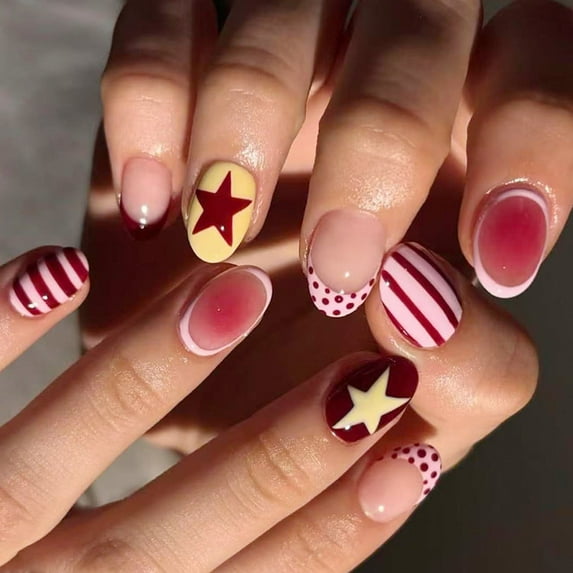 Dot Stripes Star Pattern False Nails French Styles Light ABS Artificial Nails Durability Easy To Apply For Women