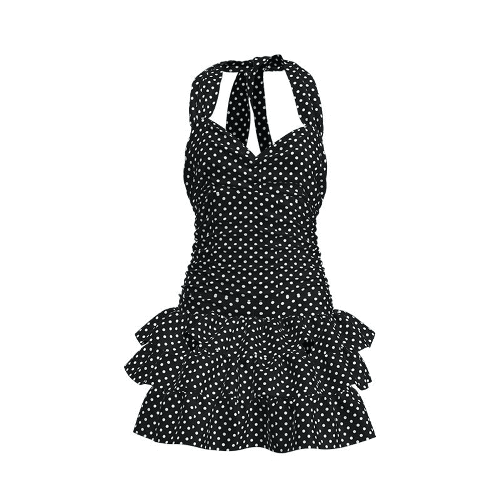 Dot Swimdress One Piece Halter Swimsuit With Skirt Black And White ...