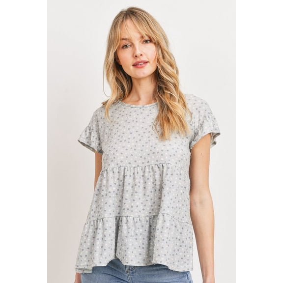 Dot Textured Print Jersey Ruffled Short Sleeve Top M