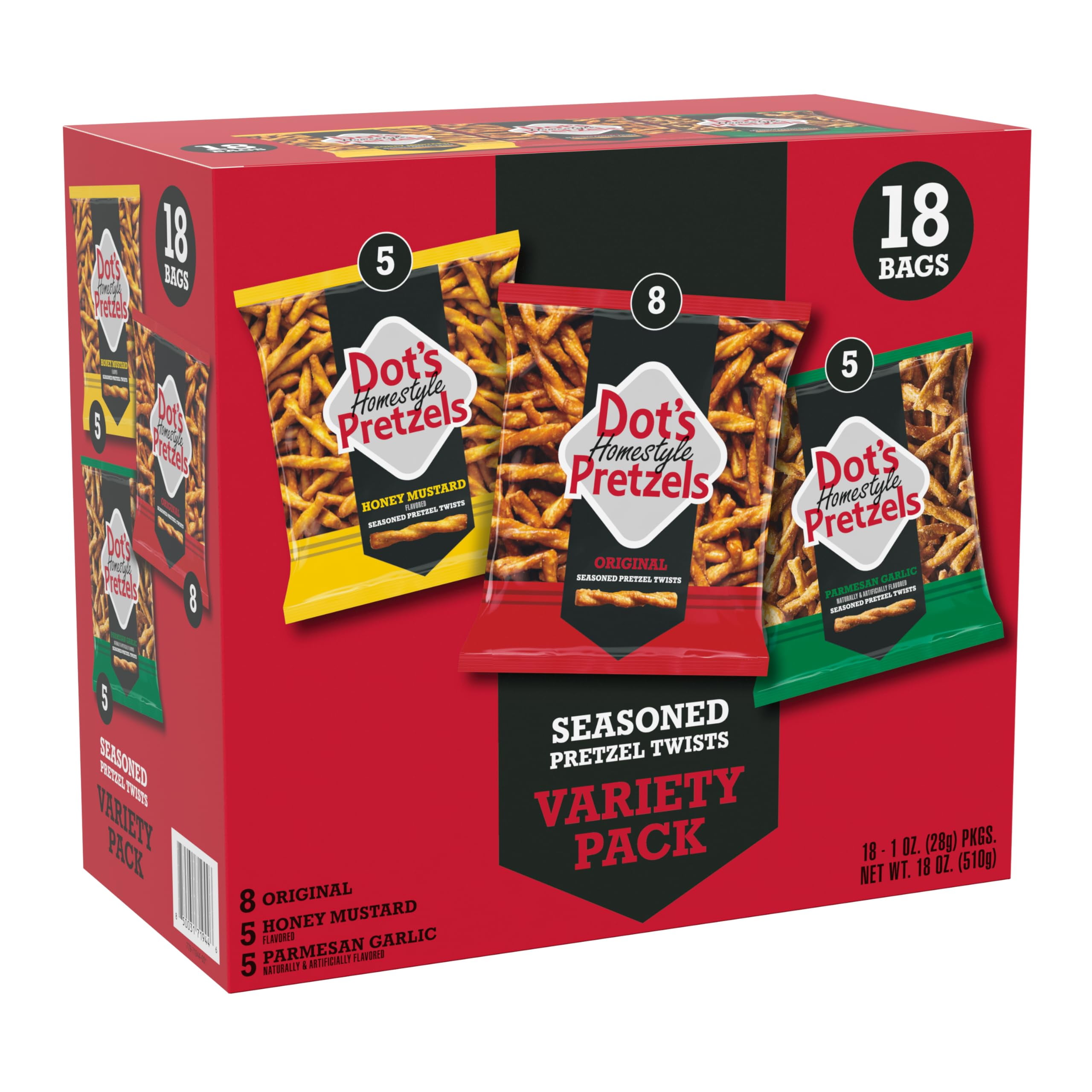 Dot's Pretzels Variety Pack, SSF20 Original, Honey Mustard, and Parmesan Garlic Twist Snack, 1oz Individually Sized Bags (18 Count)