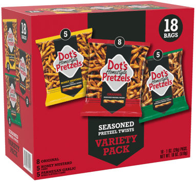 Dot's Homestyle Pretzels Original, Parmesan Garlic, Honey Mustard Snack Variety Pack, 1oz (18 Count)