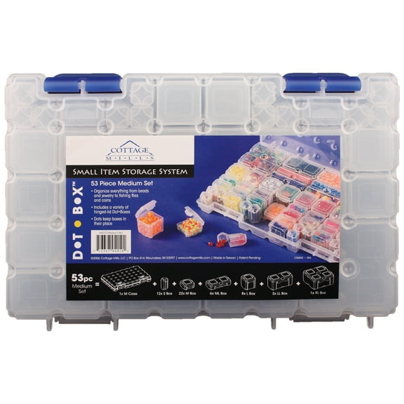 DotBox Medium Set 53 pcs from Cottage Mills. 52 Storage Boxes in a Carrying Case. Its the Ultimate Small Item Storage System. Perfect for Bead, Jewelry, Craft and Small Part Storage.