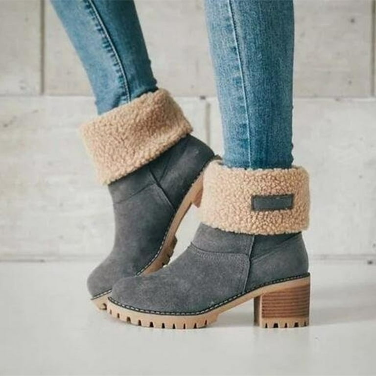 Women cute warm short boots suede chunky mid heel round toe winter snow ankle booties new arrivals