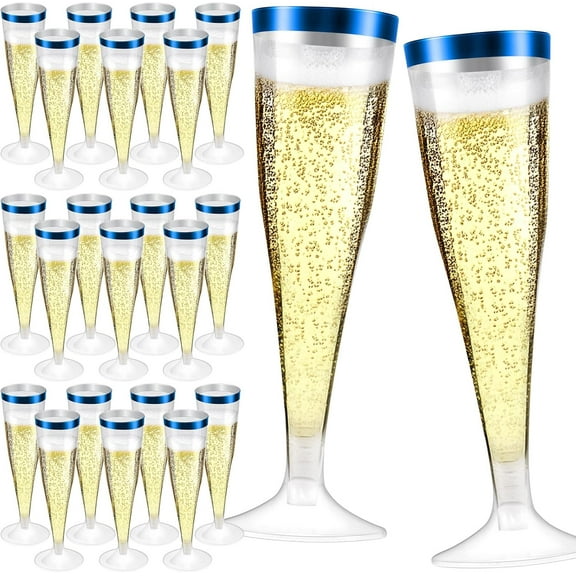 100 Pcs Clear Disposable Champagne Flutes, 4.5oz Plastic Toasting Glasses for Parties, Weddings, Drinking, Cocktail Cups (Blue)