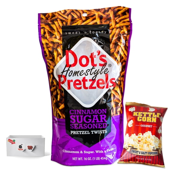 Dots Cinnamon Sugar Pretzel Twists (1, 16oz bag) - Sweet and Salty Butter Kettle Popcorn (1, 5oz bag) - Gourmet Snack Bundle - 2 Items Total
