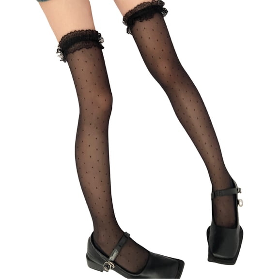 Dots Print Over Knee Socks Elastic Nylon Hosiery Romantics Ruffle Lace Trim Accent Sheer Thigh High Stockings For Women