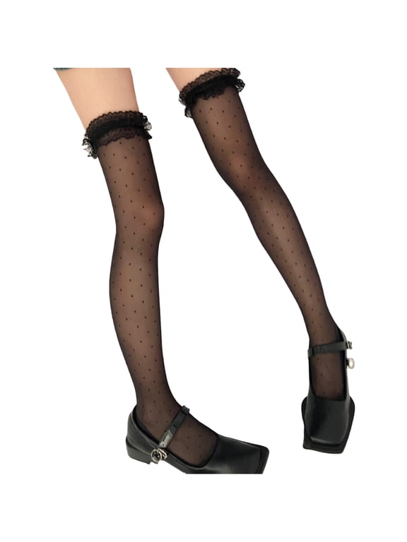 Dots Print Over Knee Socks Elastic Nylon Hosiery Romantics Ruffle Lace Trim Accent Sheer Thigh High Stockings For Women