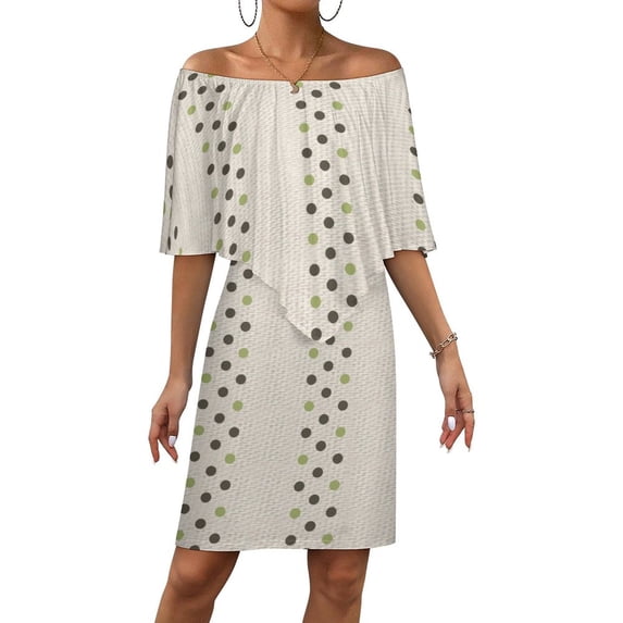 Dots Waves Shades of Green Dots Women's Off The Shoulder Ruffles Summer Wedding Guest Loose Casual Party Beach Dress