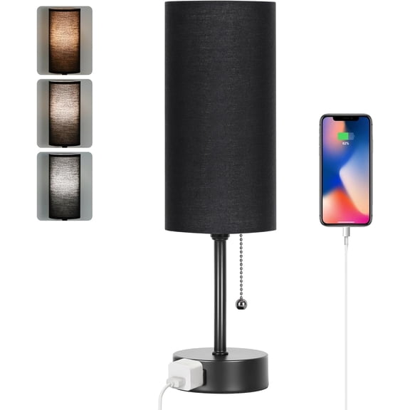 Dott Arts Table Lamp for Bedroom, 3-Color Bedside Lamps with Pull Chain, Bedroom Table Lamps for Nightstand,AC Outlet Small Lamp for Living Room, Bulb Included Black