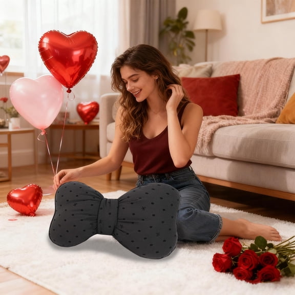 Dotted Bow Waist Pillow Decorative Cushion,Soft Plush Cuddle Pillow for Home Decor and Holiday Gift,Comfortable Support for Sofa or Bed,Suitable for Living Room,Bedroom Relaxation-Black