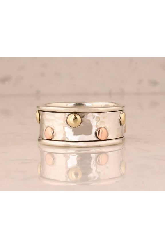Dotted Copper & Brass Sterling Silver Spinner Ring – Handmade 925 Anxiety Ring for Men & Women, Meditation Fidget Ring, Stress Relief Gift