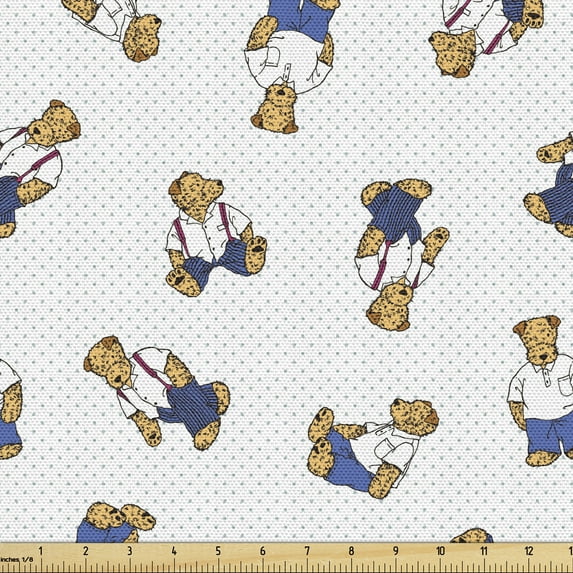 Ambesonne Dotted Fabric by the Yard Upholstery, Teddy Bear Cartoon, 10 Yards, Violet Blue Pale Brown