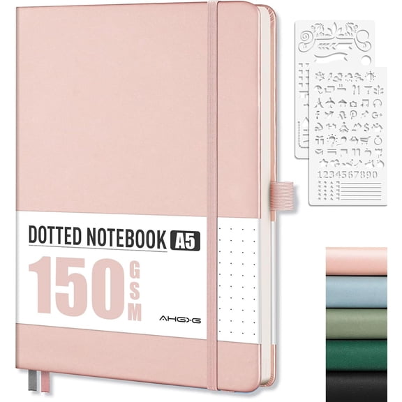 Dotted Journal - 150 GSM Dot Grid Notebook Journal, Thick Acid-Free Paper, A5 Dotted Notebook 128 Pages, Leather Hardcover, Inner Pocket, Journal Stencil, 5.7'' × 8.3''