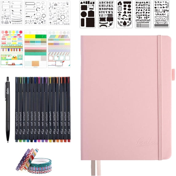 Dotted Journal Set, 224 Numbered Pages Faux Leather A5 Grid Hard Cover Pink Notebook Planner with Index Inner Pocket, Abundant Accessories for Beginners Diary Schedule by Feela