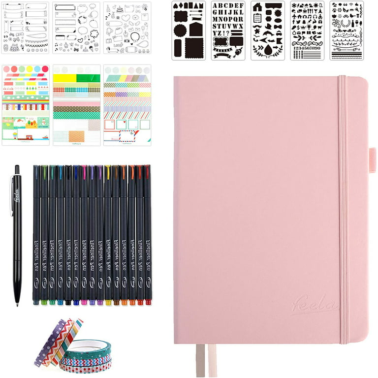 Bullet Dotted Journal Kit, Feela A5 Dotted Bullet Grid Journal Set with 224  Pages Black Notebook, Fineliner Colored Pens, Stencils, Stickers, Washi